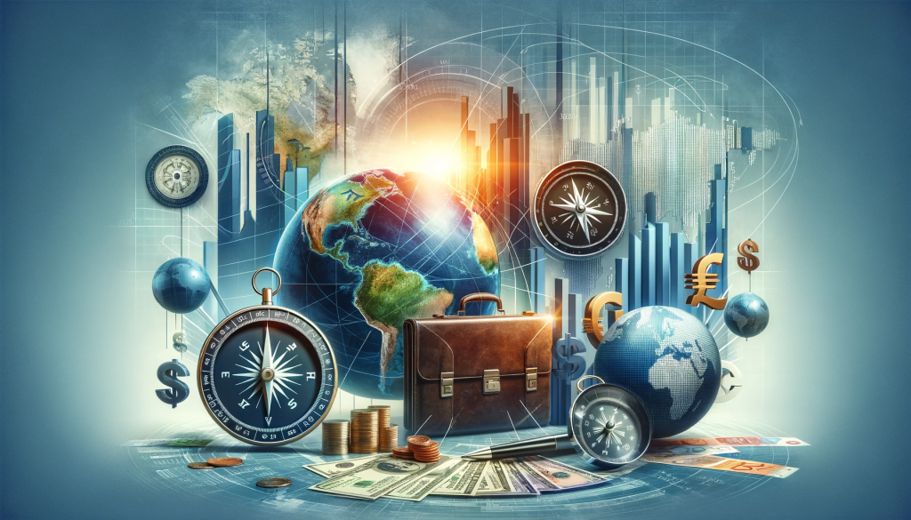 a globe, a compass, and various currencies, symbolising global financial management and the navigational aspect of financial planning.