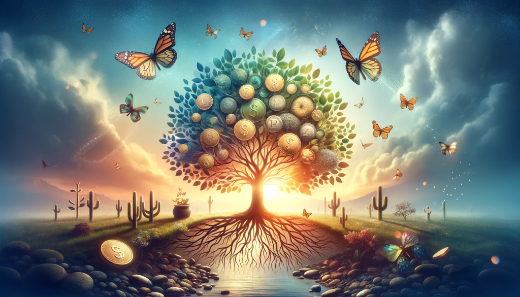 the holistic concept of financial planning, integrating elements of financial security, personal growth, health, and happiness in a serene and balanced landscape