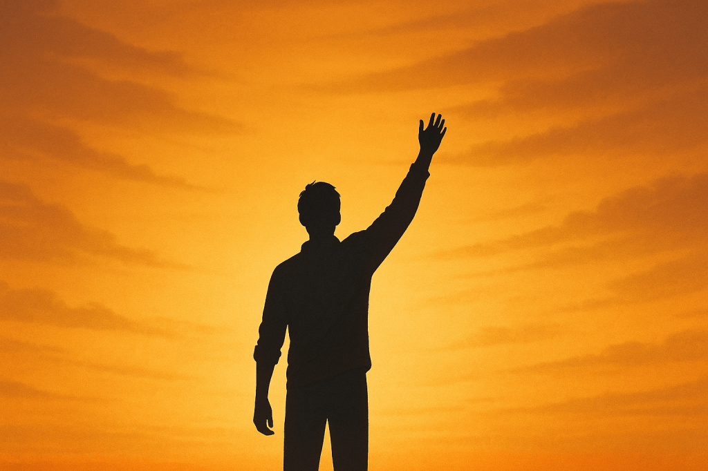 Silohette of man waving against a sun set