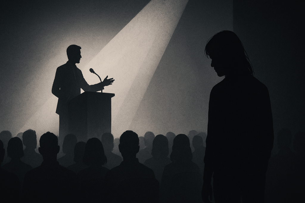 A silhouetted speaker addresses an audience while a lone, unseen figure stands in the shadows behind them—symbolising unseen survivors.