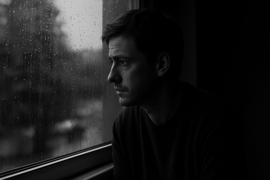 Man looking out of a window at the rain