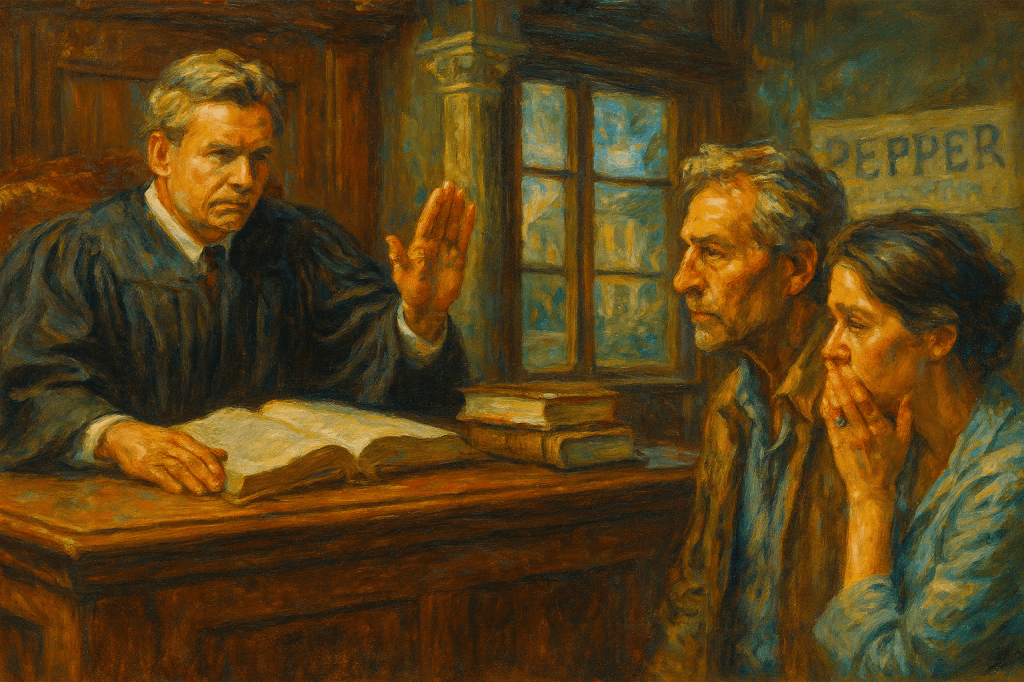 Oil painting of judge halting repossession hearing, 16:9 aspect ratio